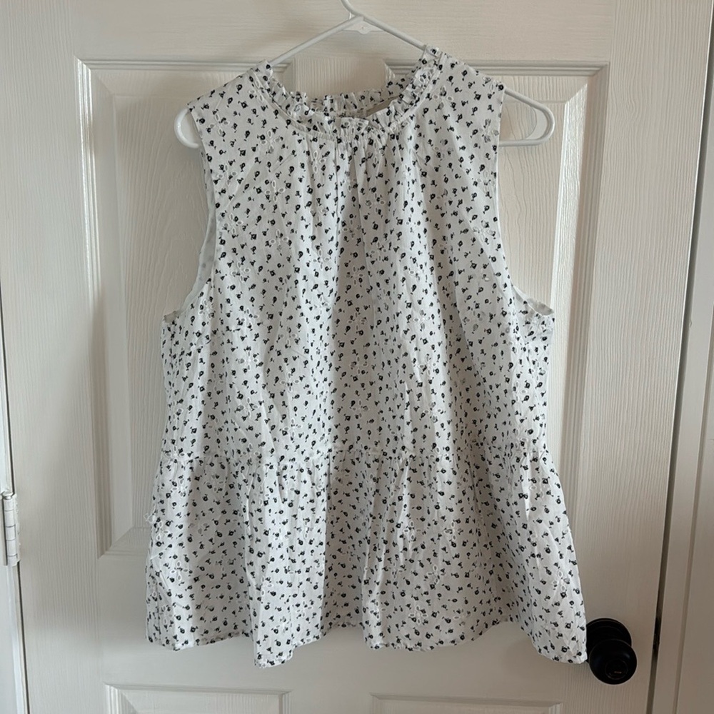 LOFT White Sleeveless Ruffle Neck Peplum Top with Black Floral Print